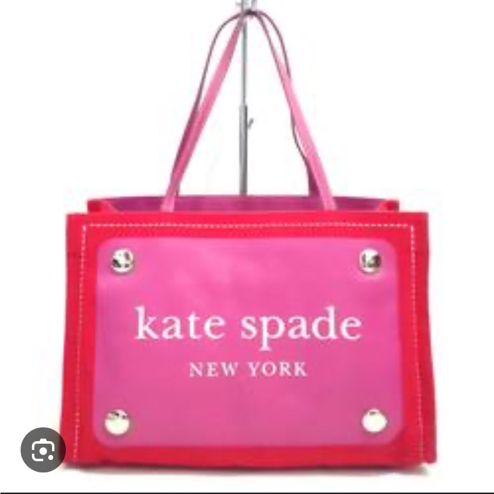 KATE SPADE Bag Knit TOTE NEW in Pink & Red Preppy Silver Buttons 15" x 9" - Picture 9 of 11